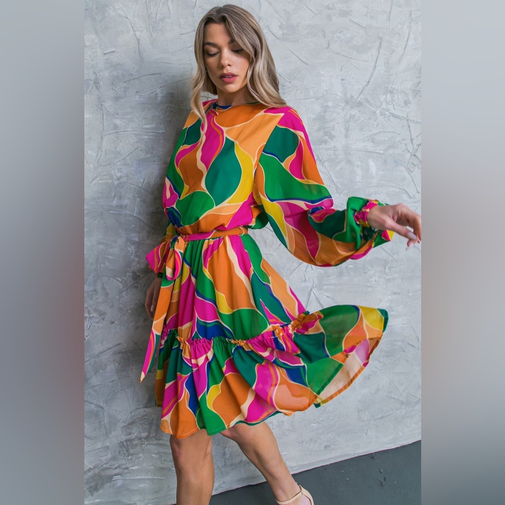 Flying Tomato Bold Wave Print Mini Dress in Green & Pink - Picture 3 of 5
